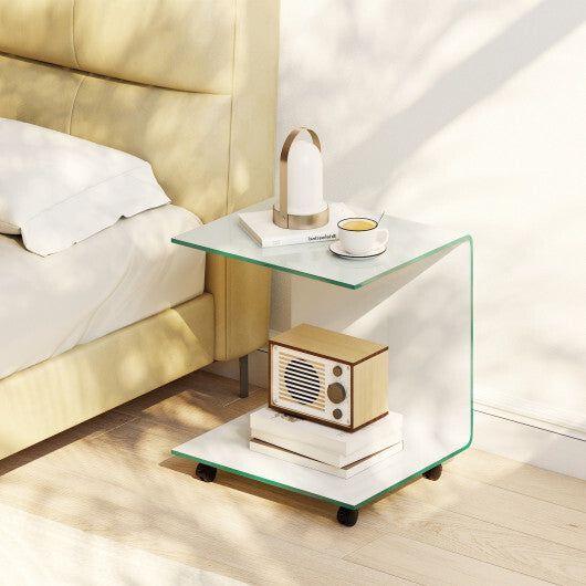 C-Shaped End Table Modern Tempered Glass Side Table with Shelf-White