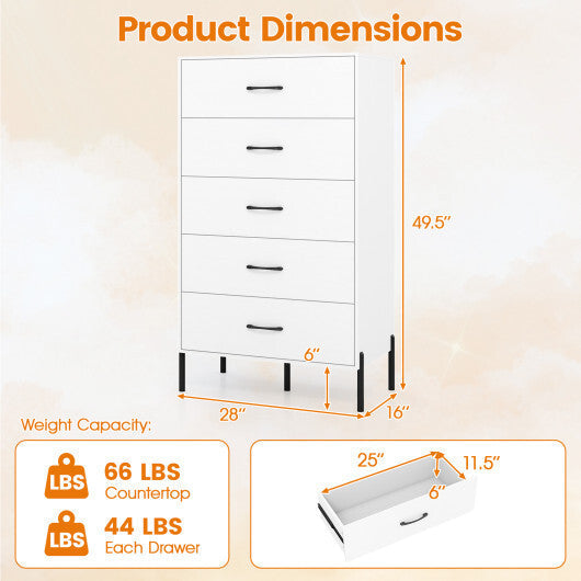 5-Drawer Modern Tall Chest of Drawers with Metal Legs-White