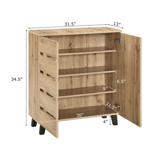 4-Tier Shoe Cabinet 2-Door Storage Organizer with Louvered Door-Natural