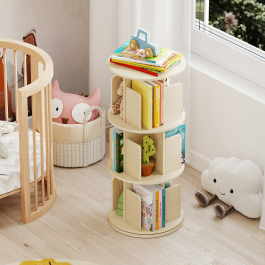 3-Tier Rotating Bookshelf with Dividers and Anti-falling Baffles-Natural