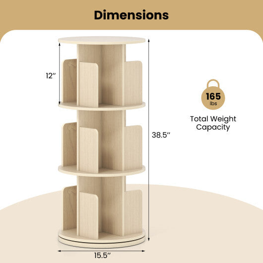 3-Tier Rotating Bookshelf with Dividers and Anti-falling Baffles-Natural