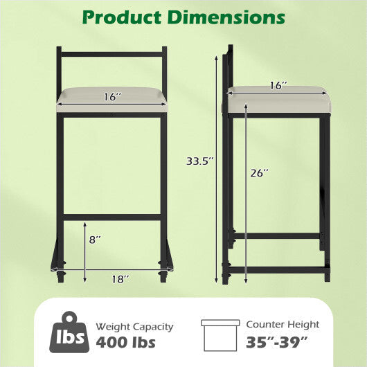 Set of 2 Stackable Counter Height Bar Stools PU Leather Upholstered with Footrest-Black
