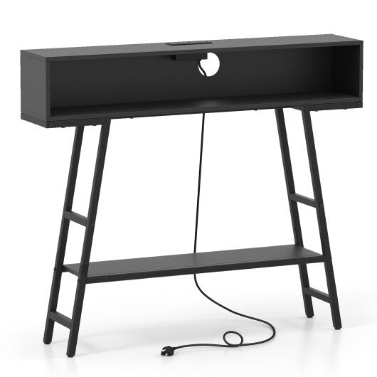 40" Console Table with Charging Station and LED Lights-Rustic Brown