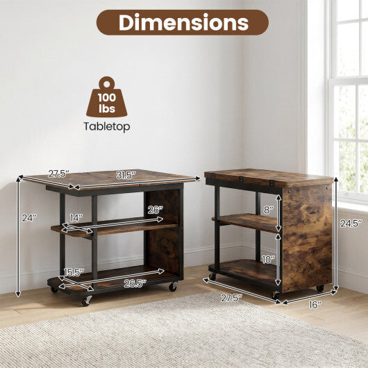 Mobile Night Stand with Foldable Swivel Top and 2-Tier Shelf for Small Spaces-Natural