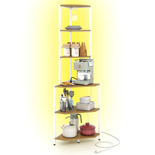 65 Inch 6-Tier Corner Shelf with Charging Station and Ambience Light-Natural
