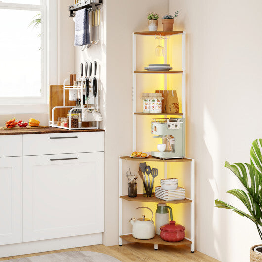 65 Inch 6-Tier Corner Shelf with Charging Station and Ambience Light-Natural