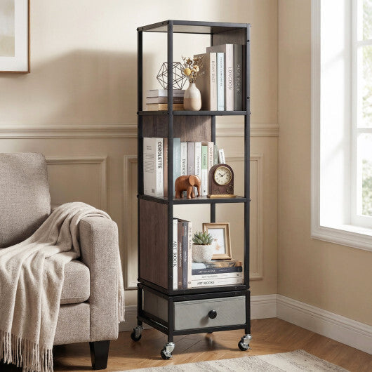 4-Tier Rotating Bookshelf on Wheels with Removable Drawer-White