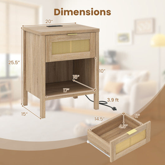 Rattan Nightstand with Charging Station and Storage Shelf for Bedroom-Oak