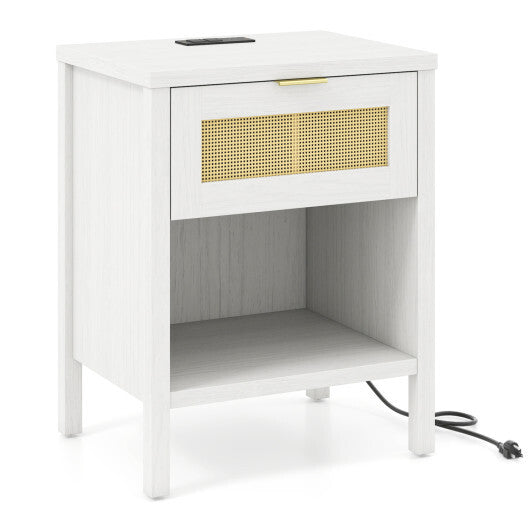 Rattan Nightstand with Charging Station and Storage Shelf for Bedroom-Oak