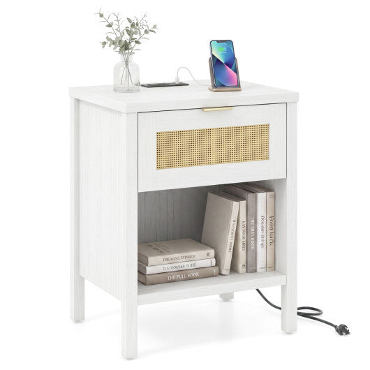 Rattan Nightstand with Charging Station and Storage Shelf for Bedroom-Oak