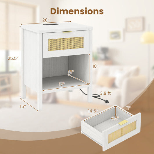 Rattan Nightstand with Charging Station and Storage Shelf for Bedroom-Oak