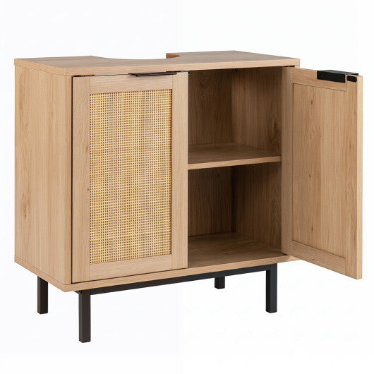 Bathroom Vanity Cabinet with U-Shaped Cut-Out 2 Rattan Doors and Shelf-Brown