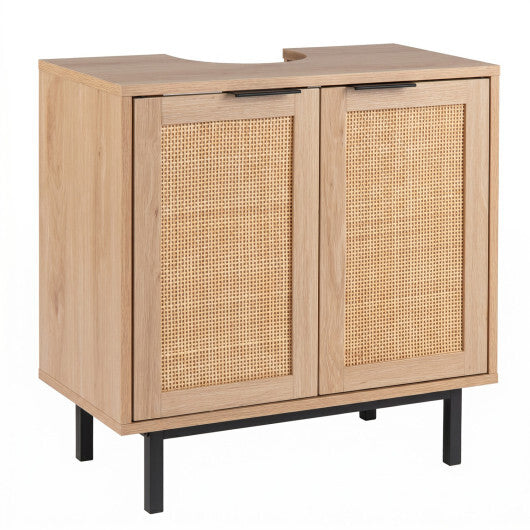 Bathroom Vanity Cabinet with U-Shaped Cut-Out 2 Rattan Doors and Shelf-Brown