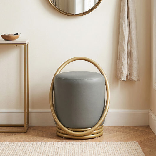 Round Vanity Stool Faux Leather Makeup Chair with Gold Halo Design-Grey