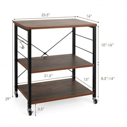 3-Tier Kitchen Baker's Rack Microwave Oven Storage Cart with Hooks-Rustic Brown