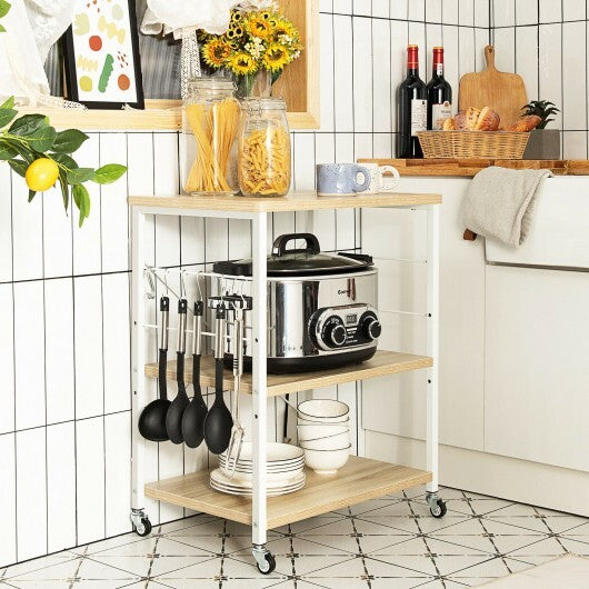 3-Tier Kitchen Baker's Rack Microwave Oven Storage Cart with Hooks-Rustic Brown