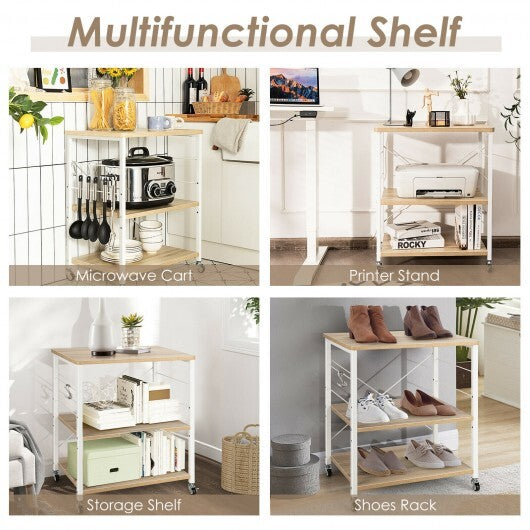 3-Tier Kitchen Baker's Rack Microwave Oven Storage Cart with Hooks-Rustic Brown