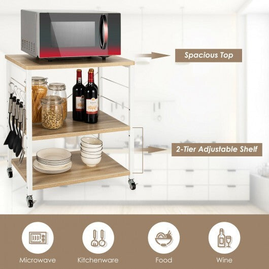 3-Tier Kitchen Baker's Rack Microwave Oven Storage Cart with Hooks-Rustic Brown