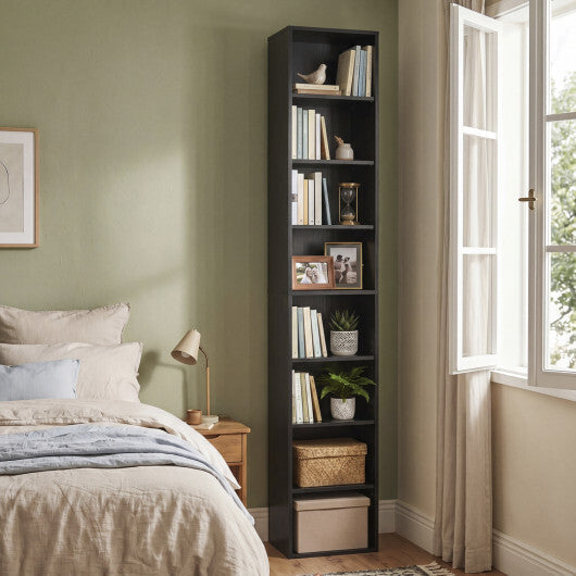 8-Tier Narrow Bookshelf with 4 Adjustable Shelves and Storage Cubes-Black