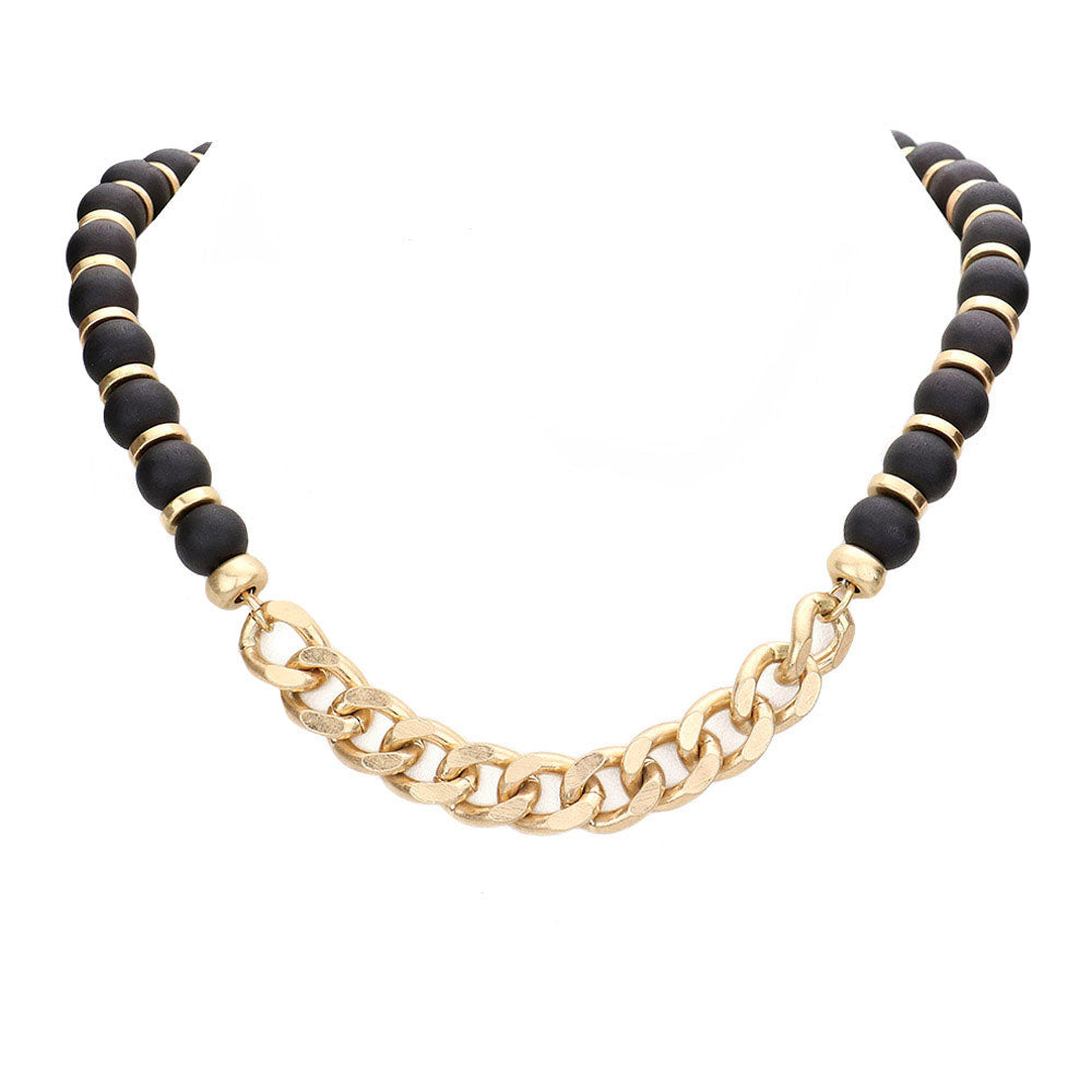 Metal Chain Link Accented Wood Necklace