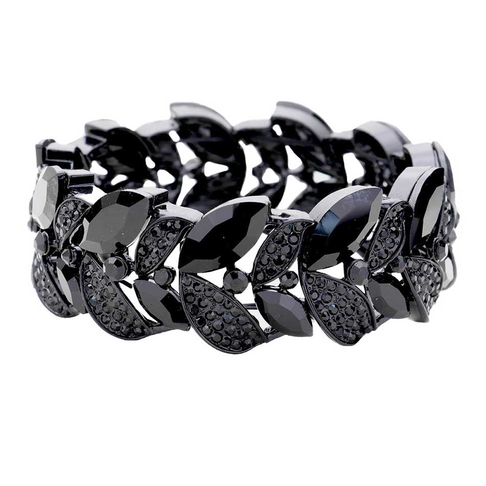 Rhinestone Pave Marquise Stone Leaf Stretch Evening Bracelet