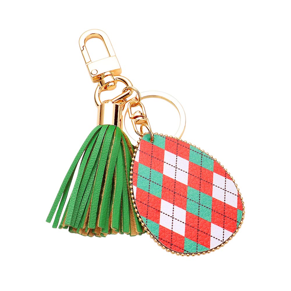 Argyle Check Print Faux Leather Teardrop Tassel Keychain / Bag Charm