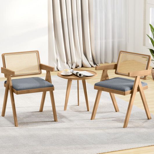 Set of 2 Rattan Accent Chairs with Padded Cushion and Rubber Wood Frame-Gray