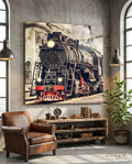 Vintage Black Steam Locomotive Front Glass Wall Art
