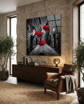 Three Floating Red Umbrellas Rainy Alley Glass Wall Art