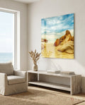 Golden Sand Boulders Sunny Beach Glass Wall Art