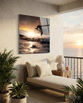Dolphin Over Sepia Surf Square Glass Wall Art