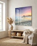Colorful Sunset Beach Boardwalk Pier Glass Wall Art