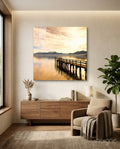 Golden Mountain Lake Dock Glass Wall Art