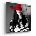 Red Straw Hat Striped Woman Glass Wall Art