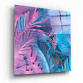 Neon Pink And Blue Palm Tropical Leaves Glass Wall Art