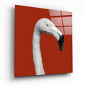 White Flamingo Head Red Square Glass Wall Art