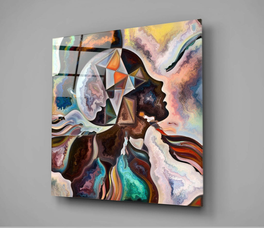 Twin Profiles With Geometric Prisms Glass Wall Art