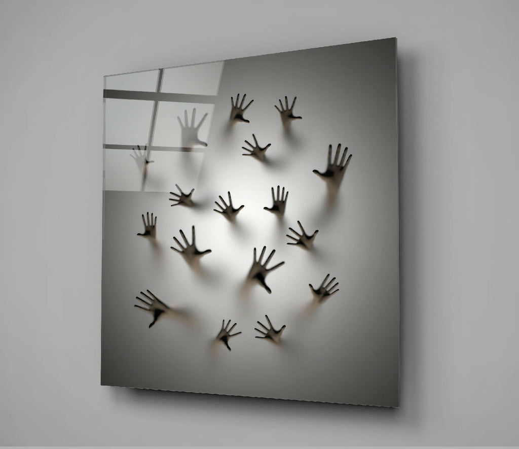 Hands Pressing Through Gray Wall Glass Wall Art