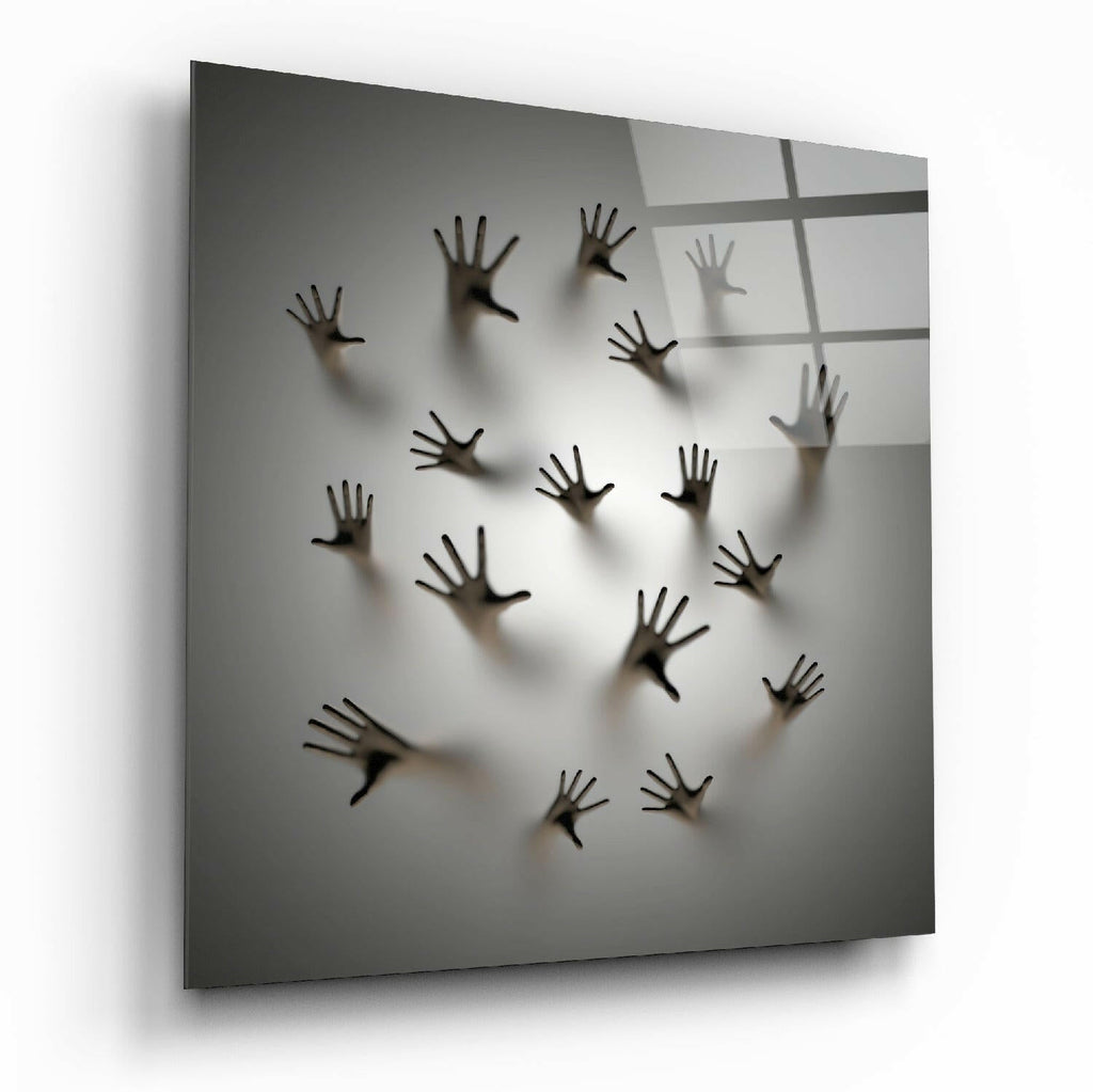 Hands Pressing Through Gray Wall Glass Wall Art