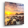 Wooden Pier Pavilion Rocky Sunrise Glass Wall Art