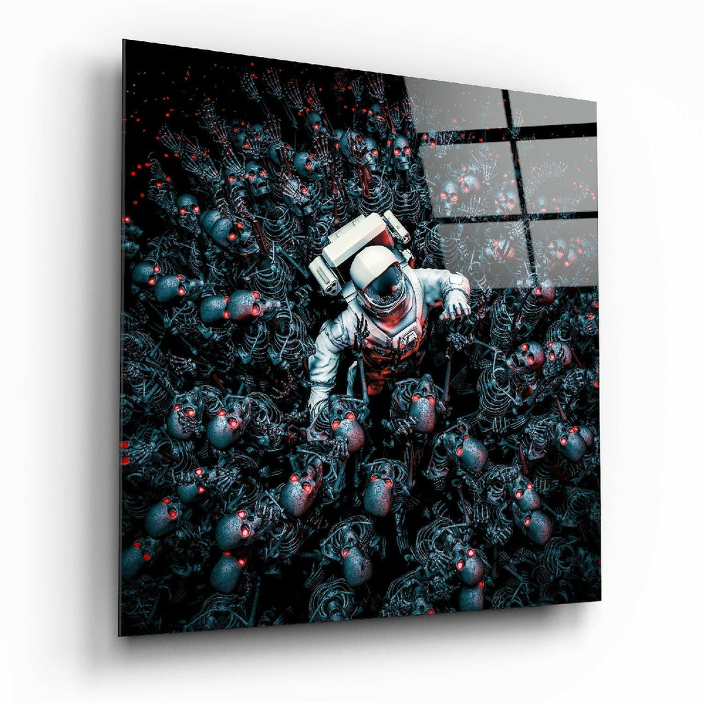 Astronaut Amid Red Eyed Skeletons Glass Wall Art