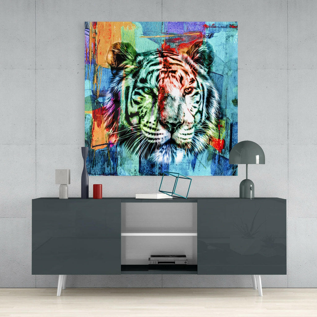 Split Color Tiger Face Glass Wall Art
