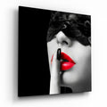 Black Lace Veil Red Lips Hush Glass Wall Art
