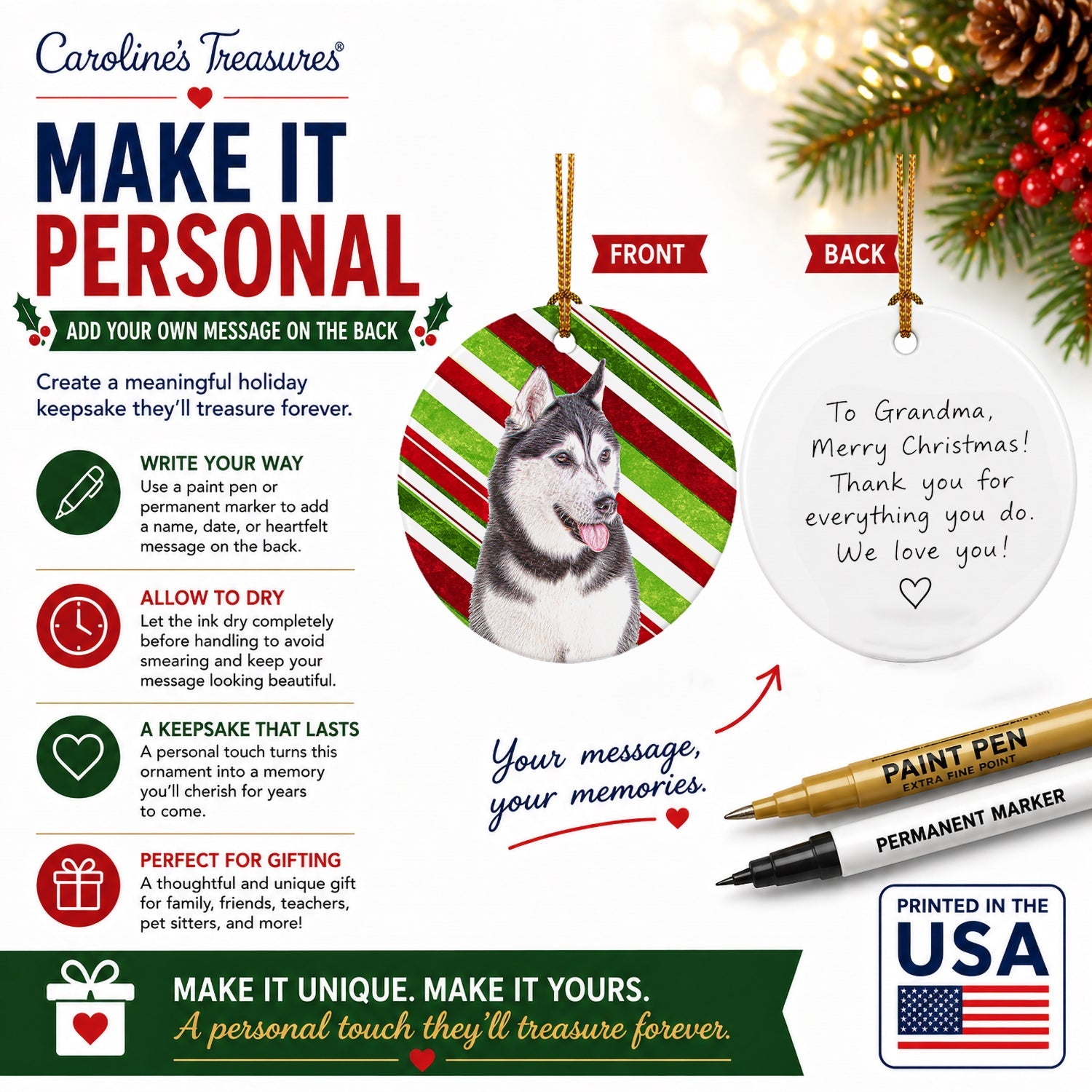 Candy Cane Holiday Christmas Alaskan Malamute Ceramic Ornament Christmas Tree Hanging Decorations for Home Christmas Holiday, Party, Gift, 3 in, Multicolor