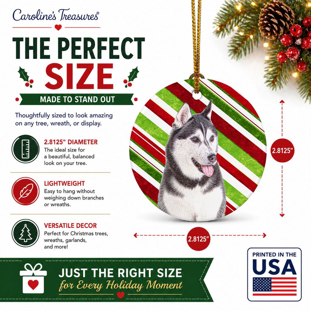 Candy Cane Holiday Christmas Alaskan Malamute Ceramic Ornament Christmas Tree Hanging Decorations for Home Christmas Holiday, Party, Gift, 3 in, Multicolor