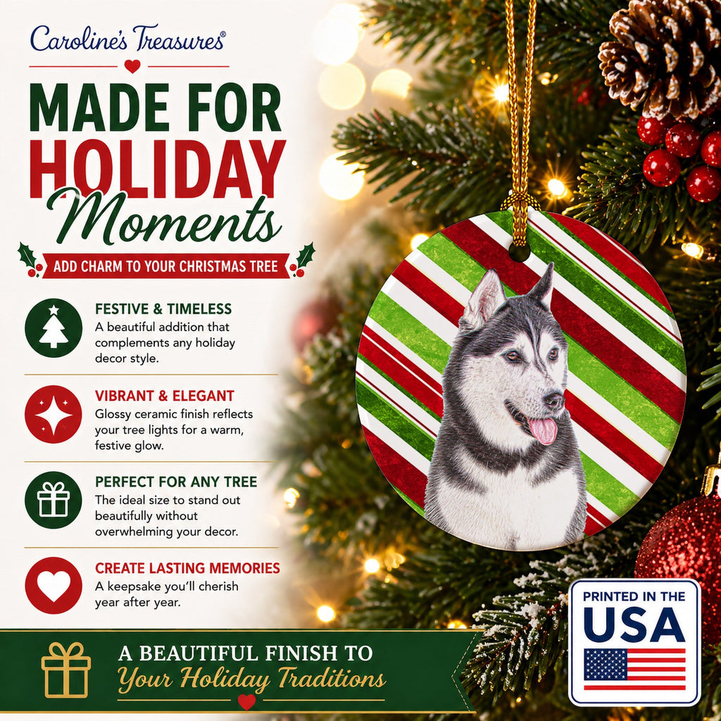 Candy Cane Holiday Christmas Alaskan Malamute Ceramic Ornament Christmas Tree Hanging Decorations for Home Christmas Holiday, Party, Gift, 3 in, Multicolor