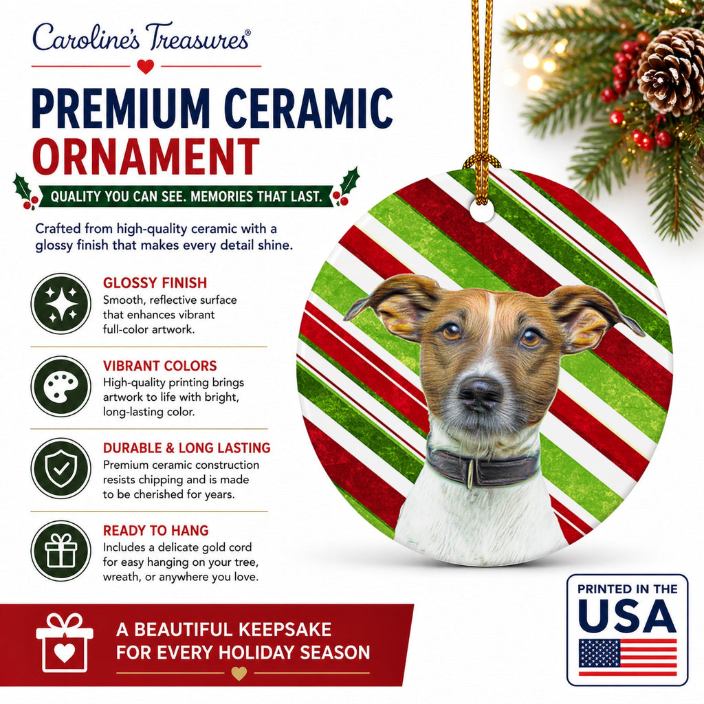 Candy Cane Holiday Christmas Jack Russell Terrier Ceramic Ornament Christmas Tree Hanging Decorations for Home Christmas Holiday, Party, Gift, 3 in, Multicolor