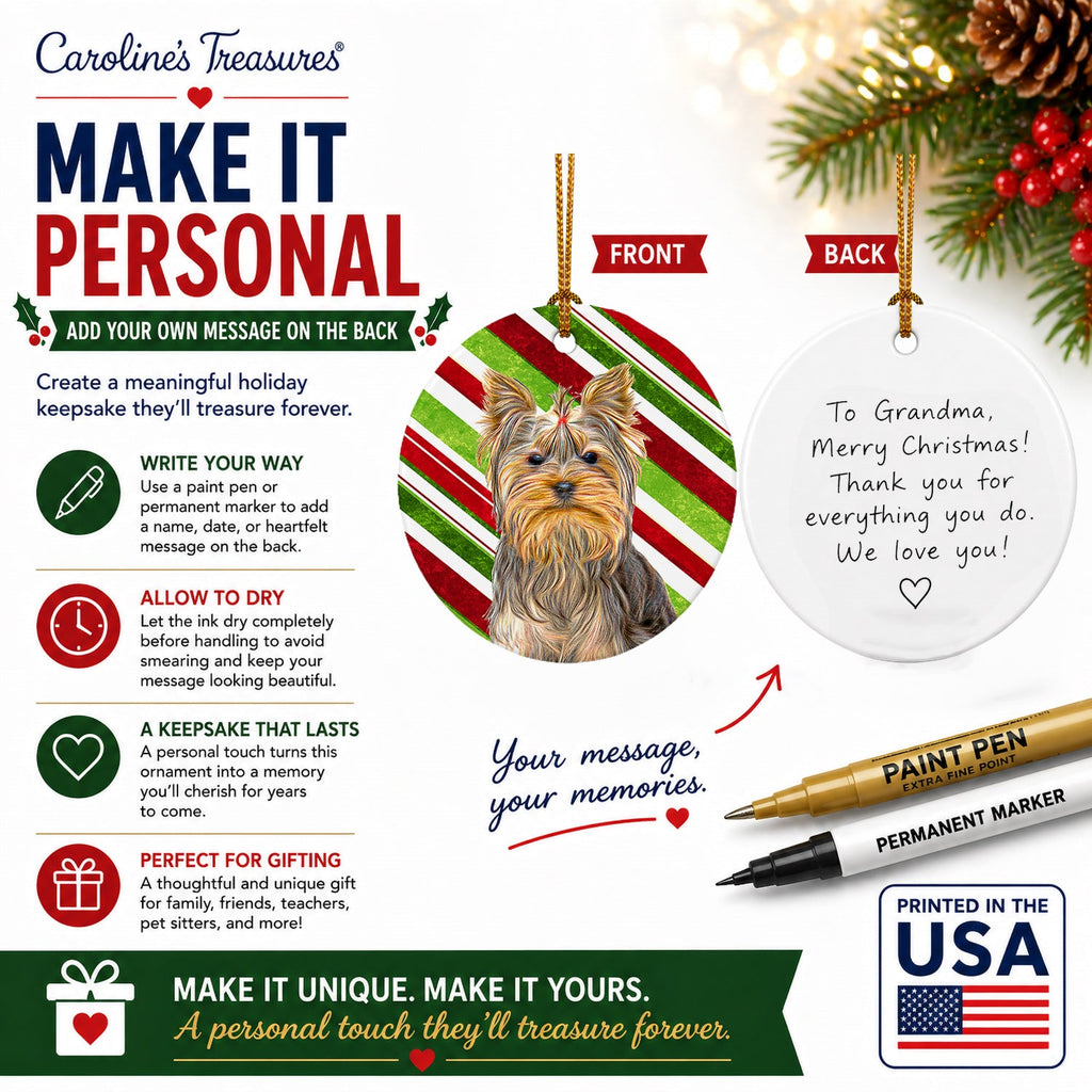 Candy Cane Holiday Christmas Yorkie / Yorkshire Terrier Ceramic Ornament Christmas Tree Hanging Decorations for Home Christmas Holiday, Party, Gift, 3 in, Multicolor