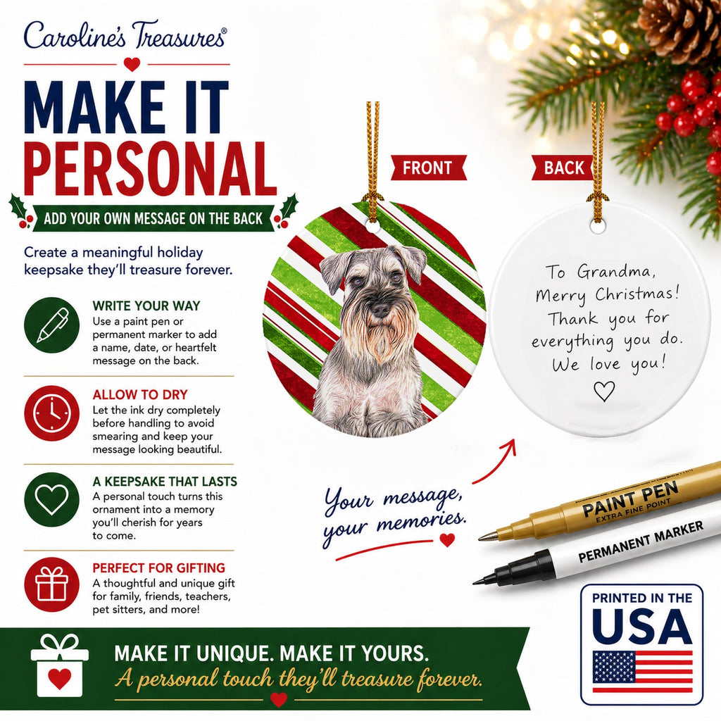 Candy Cane Holiday Christmas Schnauzer Ceramic Ornament Christmas Tree Hanging Decorations for Home Christmas Holiday, Party, Gift, 3 in, Multicolor