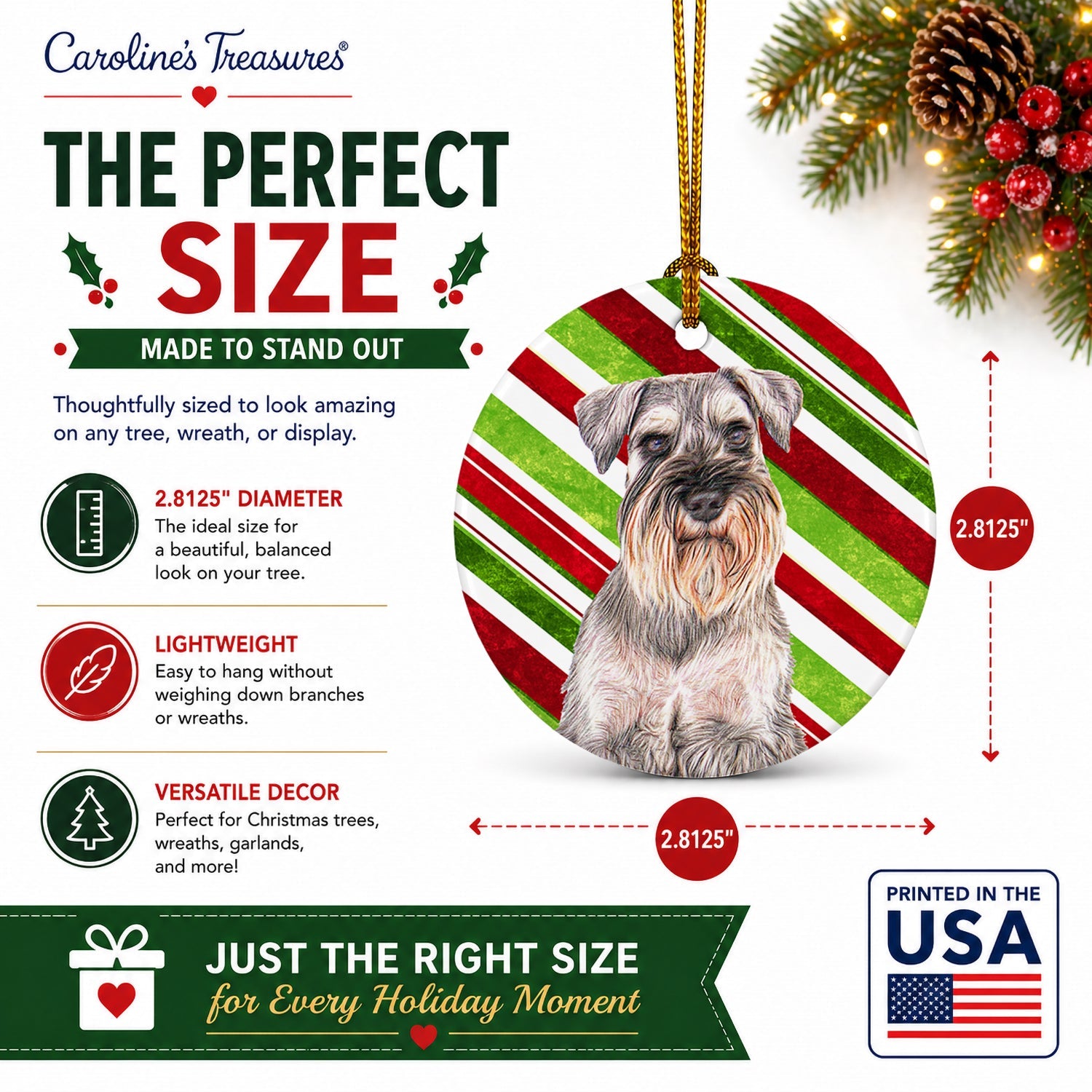 Candy Cane Holiday Christmas Schnauzer Ceramic Ornament Christmas Tree Hanging Decorations for Home Christmas Holiday, Party, Gift, 3 in, Multicolor